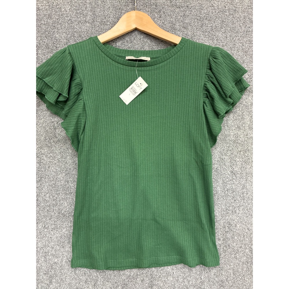 LOFT Green Ribbed Ruffle Sleeve Knit Top 35119159 Size L NEW